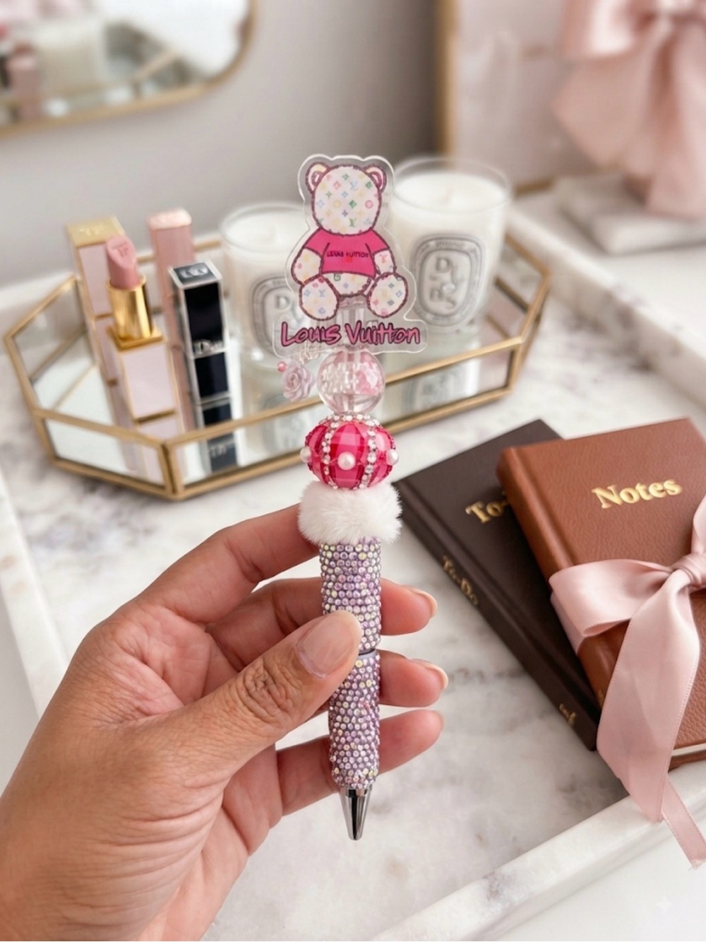 Custom Pen 
 Pink and Purple Teddy Crystal Ball Pen